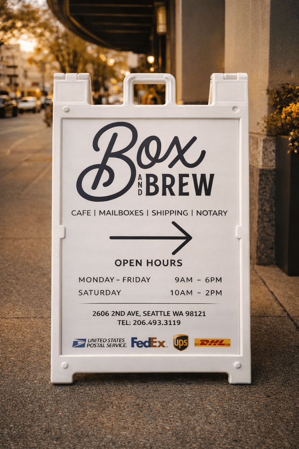 Box & Brew sidewalk sign
